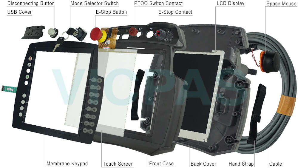 KUKA KR C5 00-291-556 SMARTPAD-2 Controller Touch Screen, LCD Display, Membrane Keypad, E-Stop Button, E-Stop Contact, USB Cover, Disconnecting Button, PTOO Switch Contact, Mode Selector Switch, Front Case, Back Cover, Space Mouse, Hand Strap and Cable Repair