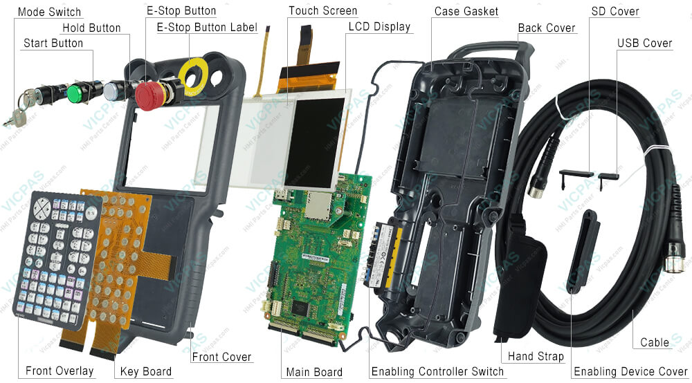 Motoman YASKAWA JZRCR-APP11-1 YRC1000 touchscreen, membrane keypad, LCD display, Start Button, Hold Button, Hand Strap, E-Stop Button Label, Hanger, Enable Switch Cover, Main Board, Mode Select Switch, Key Board, Enabling Controller Switch, Screws, E-Stop Button, Cable, Case Gasket, SD Cover, USB Cover, and protective case shell for repair replacement