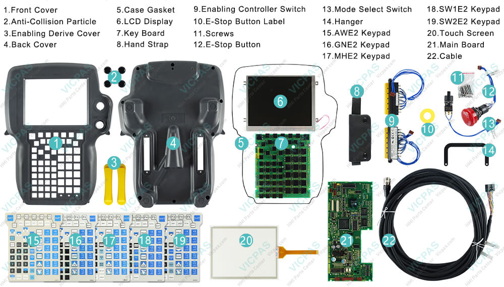 Buy Fanuc A05B-2490-C371 back cover, PCB board, hand strap, emergency stop button, E-stop button label, touch panel, main board, mode switch, hanger, membrane keypad, enabling derive cover, LCD display, front case, screws, enabling controller switch, case gasket, anti-collision particle, cable Teach Pendant replacement