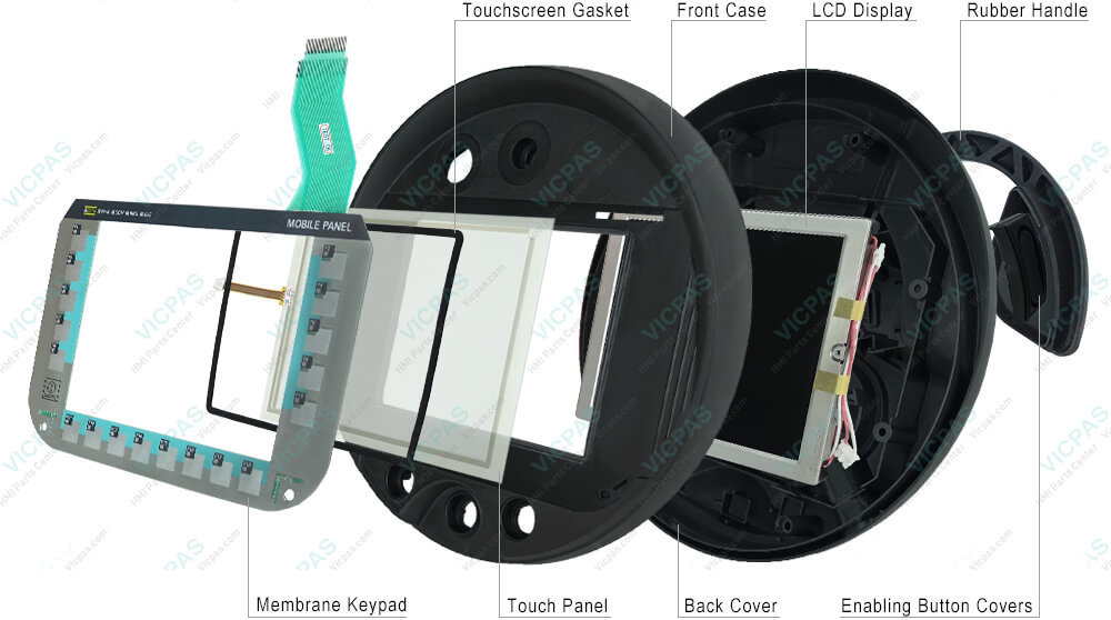 6AV6645-0GB01-0AX0 Siemens Simatic HMI MOBILE PANEL 277 IWLAN Touchscreen Glass, Membrane Keyboard, STOP Button Label, Gasket, Enclosure, LCD Display, Rubber Handle, Enabling Button Covers, Screws, Cable, Key-Operated Switch, Handwheel, Enabling Button Covers, Illuminated Pushbutton Contacts, Illuminated Pushbuttons, Emergency Stop Button, Key-Operated Switch Contact and Cover for the Labeling Strip Guides Repair Replacement