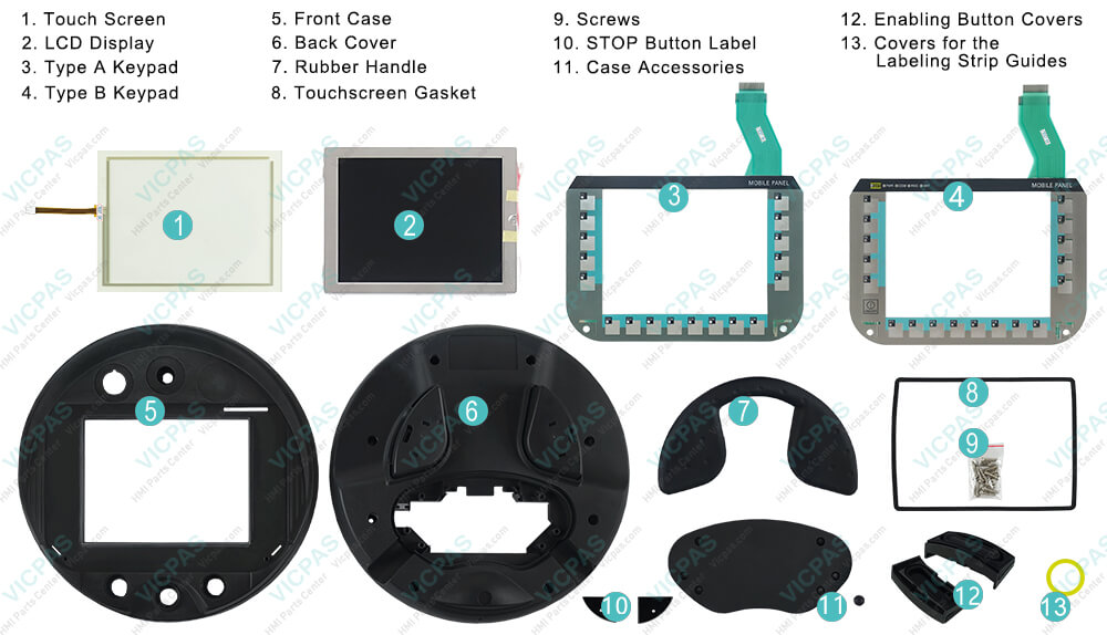 6AV6645-0CA01-0AX0 Siemens Simatic HMI Mobile Panel 277 Touchscreen Glass, Membrane Keyboard, STOP Button Label, Gasket, LCD Display, Enabling Button Covers, HMI Case, Rubber Handle, Screws and Cover for the Labeling Strip Guides Repair Replacement