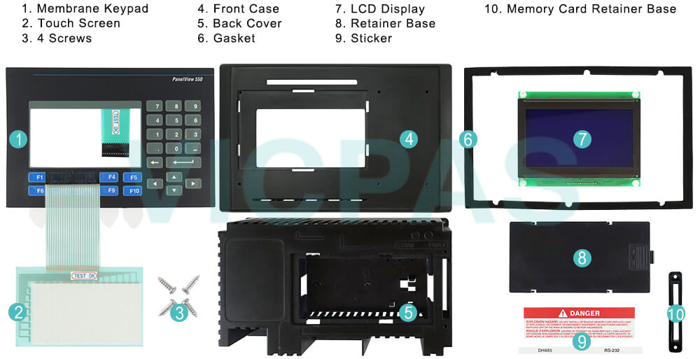  2711-B5A16 PanelView 550 Touch Screen Panel, Membrane Keypad Switch, HMI Case, Gasket, LCD Display Screen, Memory Card Retainer Base, Sticker, Gasket, Screws, Case Accessories Repair Replacement