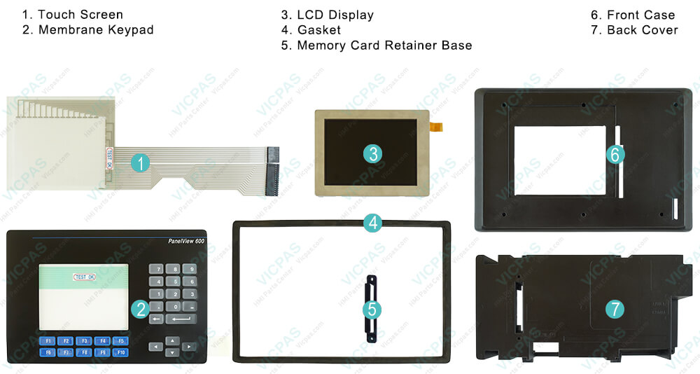 2711-B6C9 PanelView 600 Touch Screen Panel, Membrane Keyboard Keypad, Plastic Shell, LCD Display, Memory Card Retainer Base, Gasket Repair Replacement