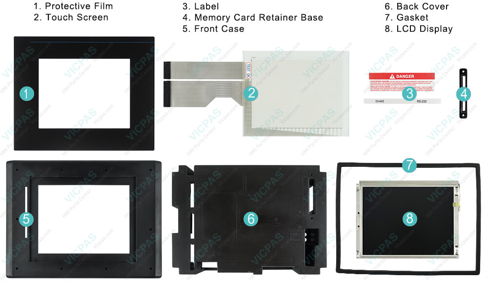 2711-T10C16L1 PanelView 1000 Touch Screen Panel, Protective Film Front Overlay, Plastic Shell, LCD Display, Memory Card Retainer Base, Gasket, Sticker Repair Replacement