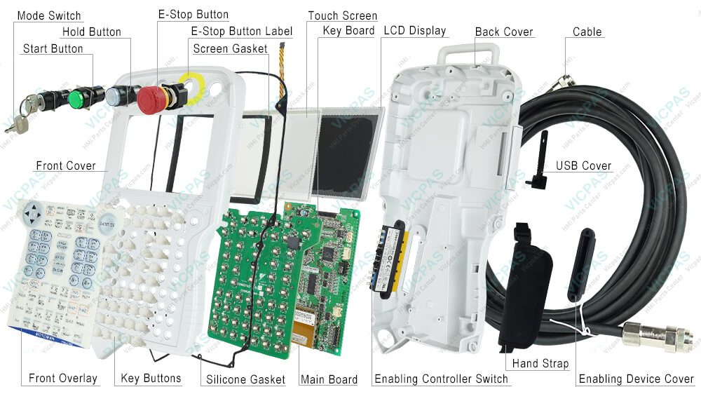 Motoman YASKAWA JZRCR-YPP07-1 Teach Pendant Parts, touchscreen, membrane keypad, LCD display, Cable, Case Accessories, E-Stop Button Label, Emergency Stop Switch, Enable Switch Cover, Enabling Controller Switch, Hand Strap, Hanger, Hold Button, Key Buttons, Key Board, Mode Select Switch, Silicone Gasket, Screen Gasket, Screws, Start Button, USB Cover, Main Board, 30 PIN FPC, 40 PIN FPC, and protective case shell for repair replacement