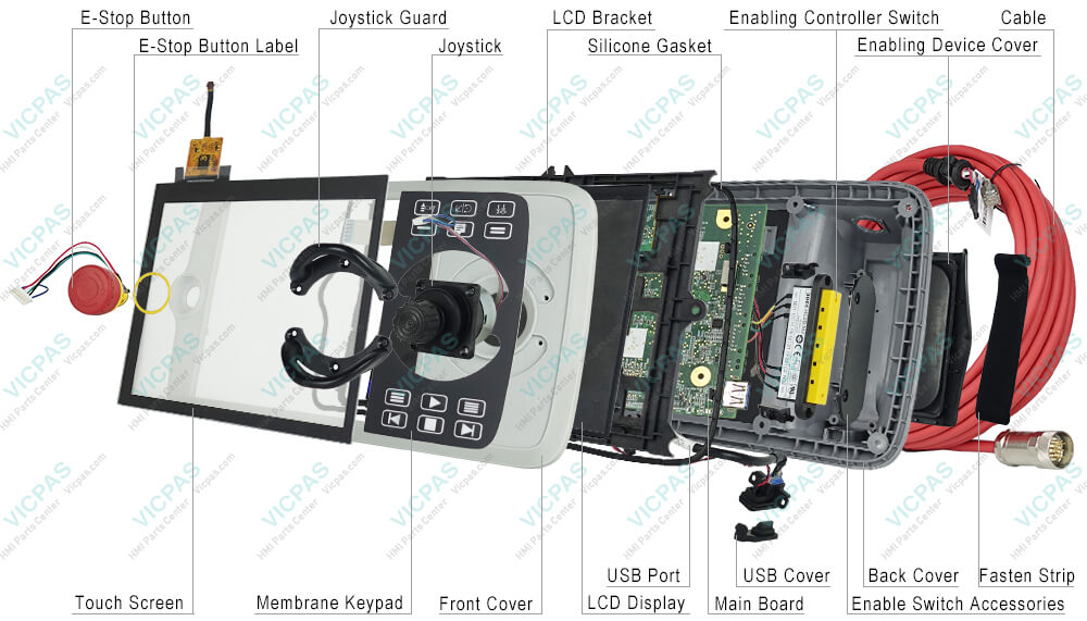 ABB 3HAC065726-003 FlexPendant DSQC3060 Teach Pendant front case, joystick, cable, LCD Bracket, USB Port, Main Board, Silicone Gasket, Joystick Guard, Enabling Device Cover, Cable, Screws, Joystick, Enabling Controller Switch, Enable Switch Accessories, USB Cover, Power Cable Cover, LCD screen, terminal keypad, E-Stop Button, Fasten Strip and back cover