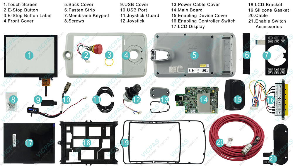 ABB3HAC065726-001 FlexPendant DSQC3060 cable, LCD screen, E-stop button, membrane switch, E-stop button label, joystick, housing, Power Cable Cover, LCD Bracket, USB Port, Main Board, Silicone Gasket, Joystick Guard, Enabling Device Cover, Cable, Screws, Joystick, Enabling Controller Switch, Enable Switch Accessories, USB Cover and hand strap