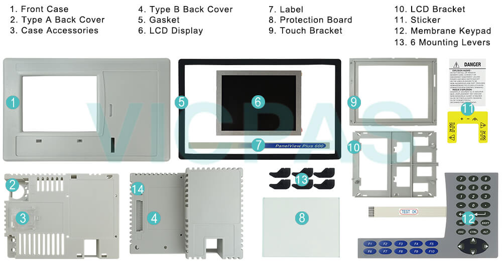 2711P-K6M5D8 PanelView Plus 6 Membrane Keyboard Keypad Switch LCD Display Plastic Case Cover Label Sticker Protection Board Bracket Gasket and Mounting Levers Repair Replacement