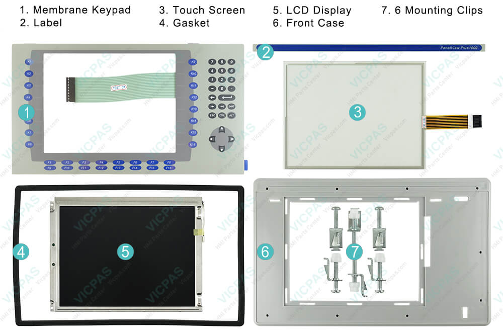 2711P-B10C6A2 Panelview Plus 1000 Membrane Keyboard, LCD Display Screen, Housing, Mounting Clips, Label, Gasket and Touch Digitizer Glass Repair Replacement