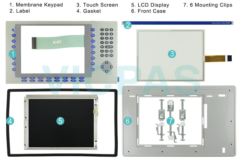 2711P-B10C1D2 Panelview Plus 6 Membrane Keyboard Keypad, LCD Display Panel, Plastic Shell, Mounting Clips, Label, Gasket and Touch Panel Repair Replacement