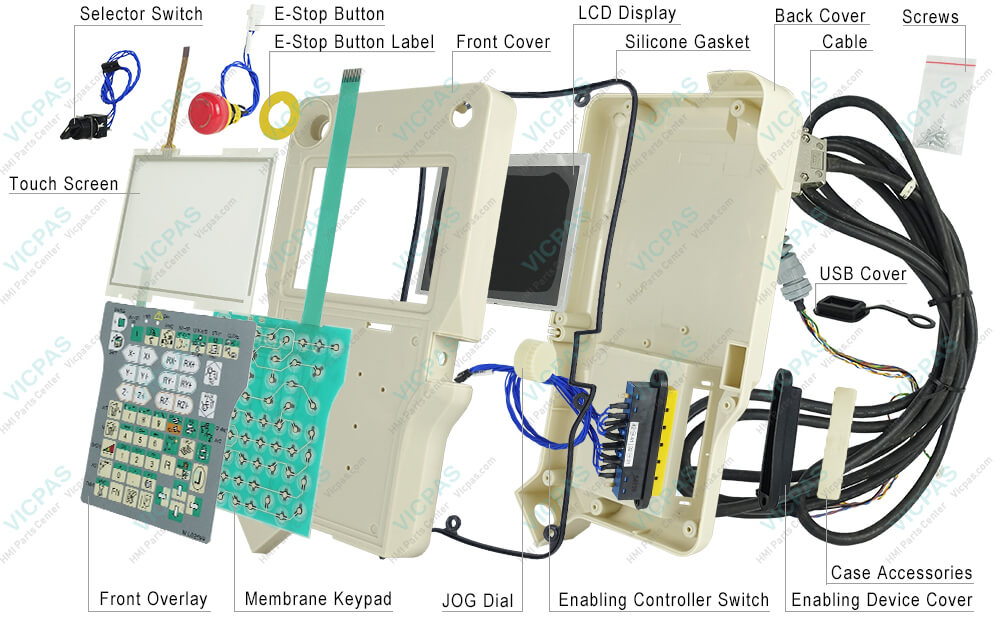 NACHi W-L02586 FDTPFSJN-3L15 Teach Pendant Parts, Enclosure, Protective Film, LCD Display Screen, Screws, Touch Digitizer, Case Accessories, Enabling Controller Switch, Cable, E-Stop Button Label, JOG Dial, Enabling Device Cover, Membrane Keyboard Keypad, Silicone Gasket, USB Cover, TP Selector Switch, Emergency Stop Button for repair replacement