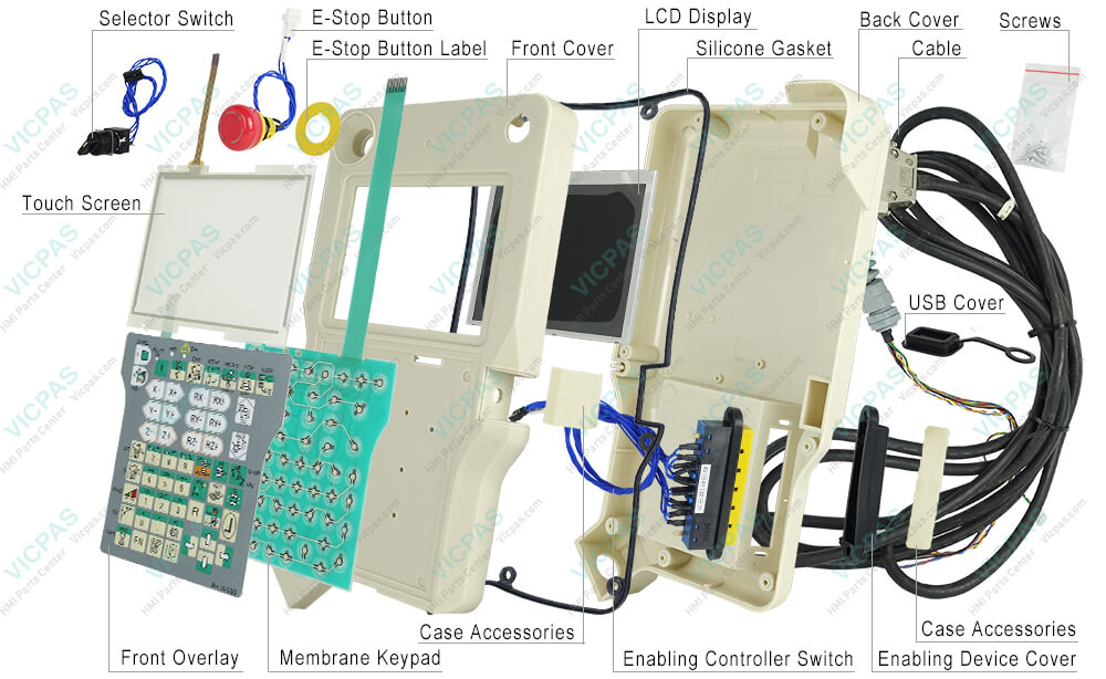 NACHi OTC W-L02878 Daihen FD19TP-DSJNC Teach Pendant Parts, Plastic Shell, Front Overlay, LCD Display Panel, Screws, Touch Glass, Case Accessories, Enabling Controller Switch, Cable, E-Stop Button Label, JOG Dial, Enabling Device Cover, Terminal Keypad, Silicone Gasket, USB Cover, TP Selector Switch, Emergency Stop Button for repair replacement