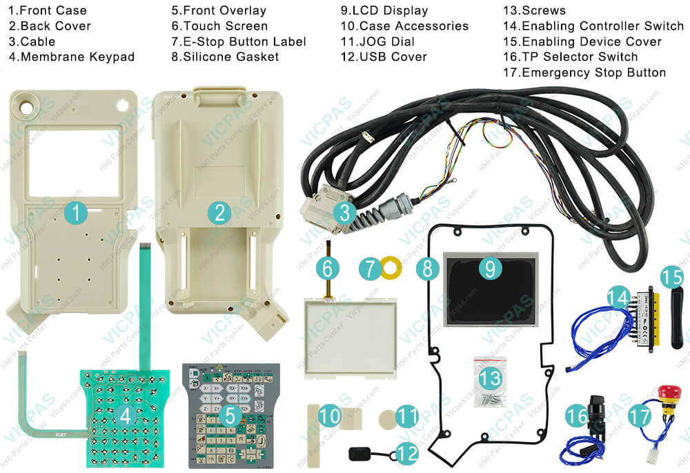 NACHi OTC WITP – WIRELESS Teach Pendant Parts, Housing, Protective Film, LCD Screen, Screws, Touch Panel, Case Accessories, Enabling Controller Switch, Cable, E-Stop Button Label, JOG Dial, Enabling Device Cover, Switch Membrane, Silicone Gasket, USB Cover, TP Selector Switch, Emergency Stop Button for repair replacement