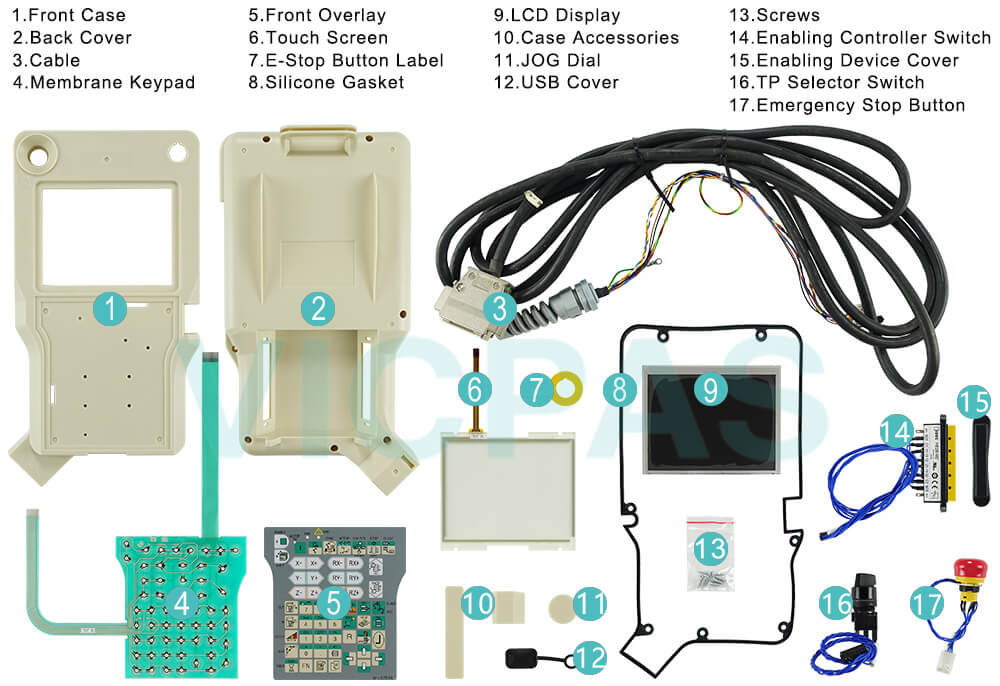 NACHi OTC FD21 Teach Pendant Parts, Front Case, Front Overlay, LCD Display, Screws, Back Cover, Touch Screen, Case Accessories, Enabling Controller Switch, Cable, E-Stop Button Label, JOG Dial, Enabling Device Cover, Membrane Keypad, Silicone Gasket, USB Cover, TP Selector Switch, Emergency Stop Button for repair replacement