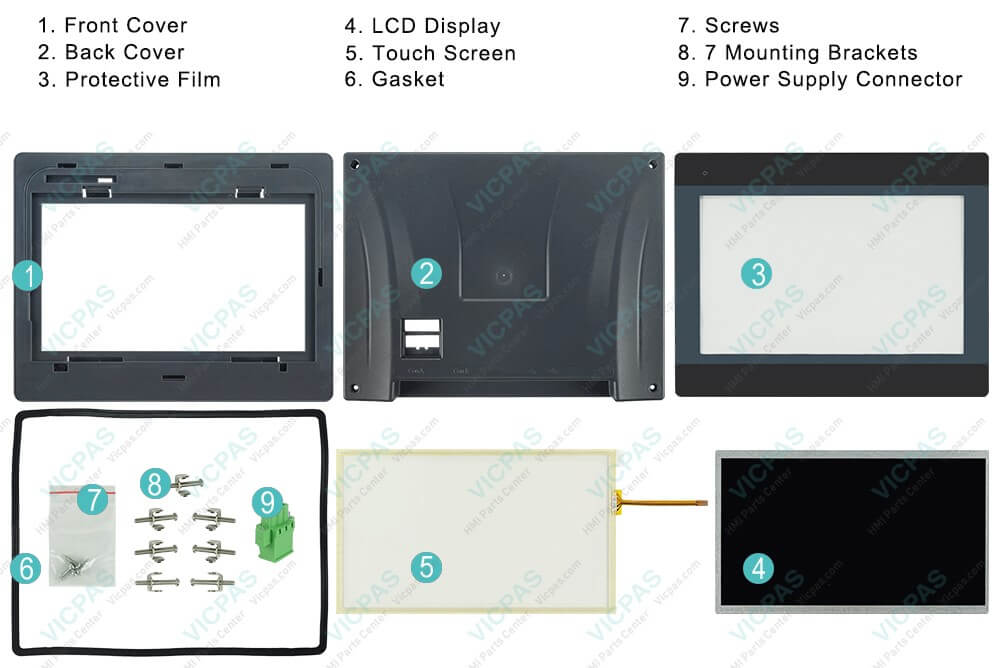 Weinview iP Series MT8106iP MT8106iQ Front Cover, Back Cover, Protective Film, LCD Display, Touch Screen, Gasket, Screws, Mounting Brackets and Power Supply Connector Replacement