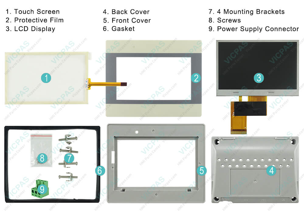 Weinview MMI-7000 Series MMI7043P-V2 Touch Panel, Front Overlay, LCD Screen, Housing, Gasket, Mounting Brackets, Screws and Power Supply Connector Repair