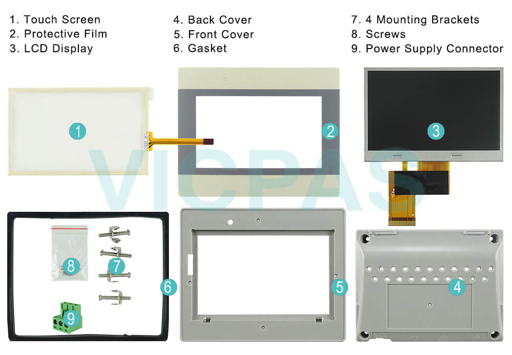 Weinview Advanced HMIs HMI5043L Touch Screen Tablet, Front Overlay, LCD Panel, HMI Enclosure, Gasket, Mounting Brackets, Screws and Power Supply Connector Repair