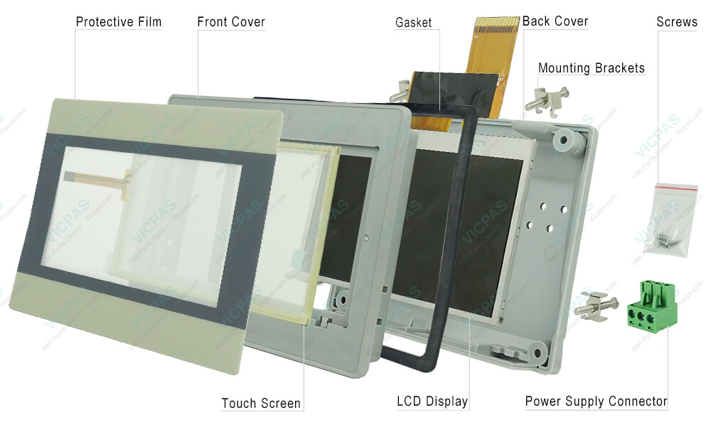 Weinview iE Series MT8053iE Front Overlay, HMI Touch Glass, Case Cover, Gasket, LCD Display, Mounting Brackets, Power Supply Connector and Screws Replacement