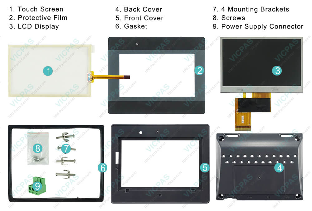 Weinview Basic HMIs HMI5040BN Touch Panel, Front Overlay, LCD Screen, Plastic Shell, Gasket, Mounting Brackets, Screws and Power Supply Connector Repair