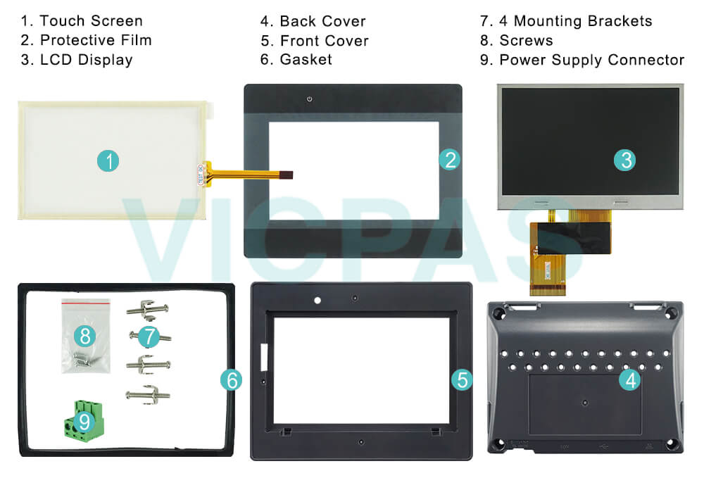 Weinview iP Series MT6051iP Touch Digitizer Glass, Front Overlay, LCD Panel, Plastic Cover, Gasket, Mounting Brackets, Screws and Power Supply Connector Replacement