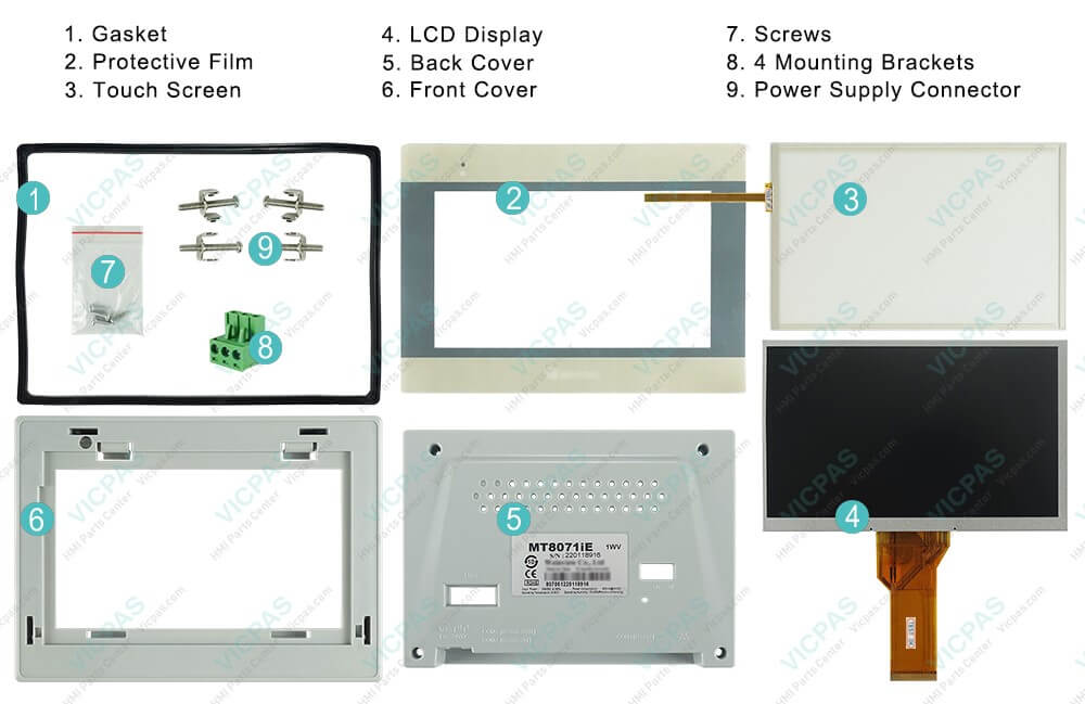 Weinview iE Series MT8070iE MT8070iE1 Gasket, Front Overlay, Touch Digitizer Glass, LCD Screen, Housing, Screws, Mounting Brackets and Power Supply Connector Replacement