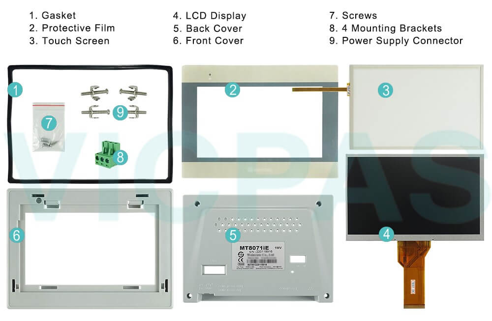 Weinview MMI-7000 Series MMI7070-P MMI7070PE MMI-7070-P-E MMI7070P2 Gasket, Front Overlay, Touch Digitizer Glass, LCD Screen, Housing, Screws, Mounting Brackets and Power Supply Connector Replacement