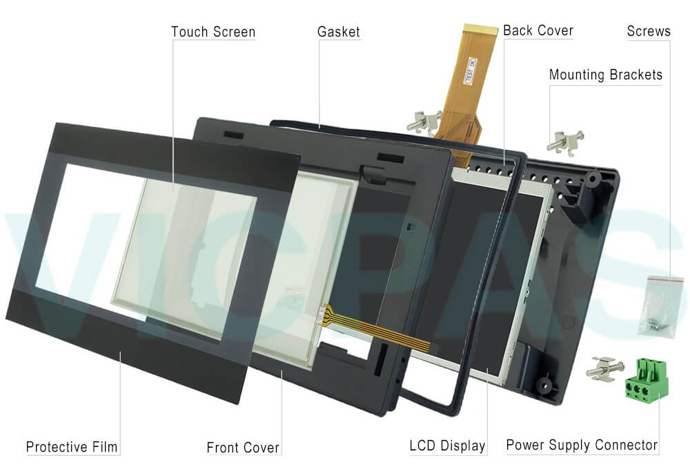 Weinview iP Series MT8072iP Front Overlay, HMI Touch Glass, Case Cover, Gasket, LCD Display, Mounting Brackets, Power Supply Connector and Screws Replacement