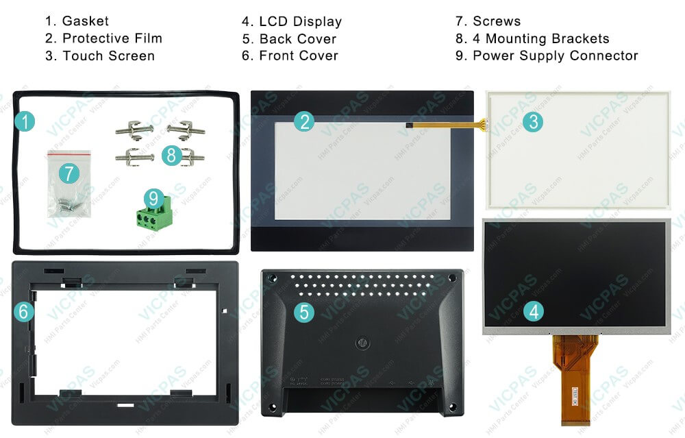 Weinview TK Series TK6070IQ TK6070iQ1WV TK6071iQ TK6071iQ1WV TK6072iP Touch Screen Film, Front Overlay, LCD Screen, HMI Enclosure, Gasket, Mounting Brackets, Screws and Power Supply Connector Repair