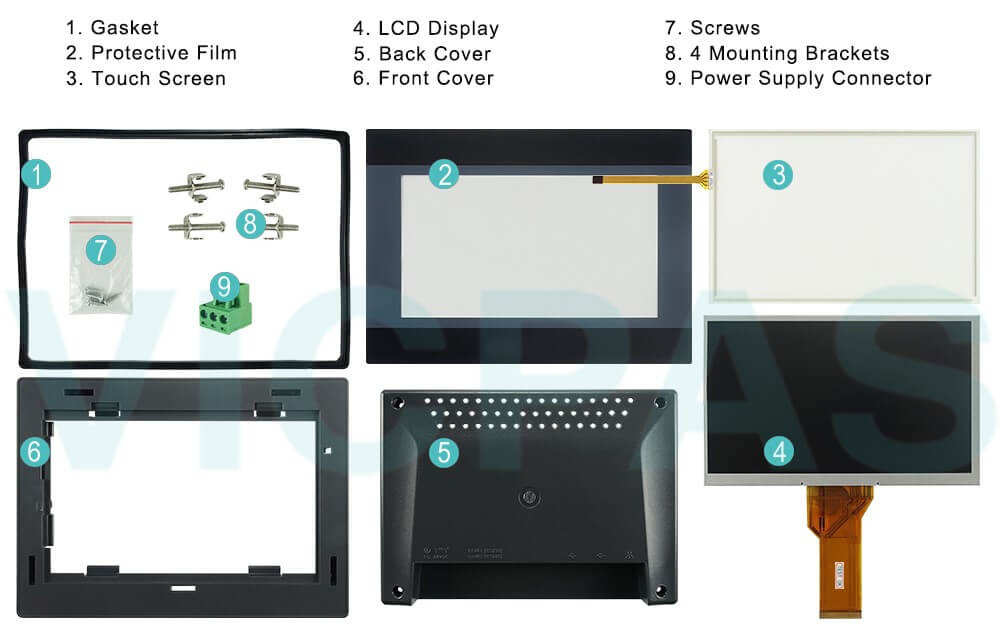 Weinview iP Series MT8071iP MT8071iP2 Gasket, Protective Film, Touch Screen, LCD Display, Back Cover, Front Cover, Screws, Mounting Brackets and Power Supply Connector Replacement