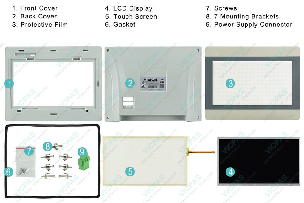 Weinview iE Series MT8102iE MT8102iE1 MT8103iE MT8103iE1 MT8106iE MMI Cover, Front Overlay, LCD Screen, Touch Screen Monitor, Gasket, Screws, Mounting Brackets and Power Supply Connector Replacement