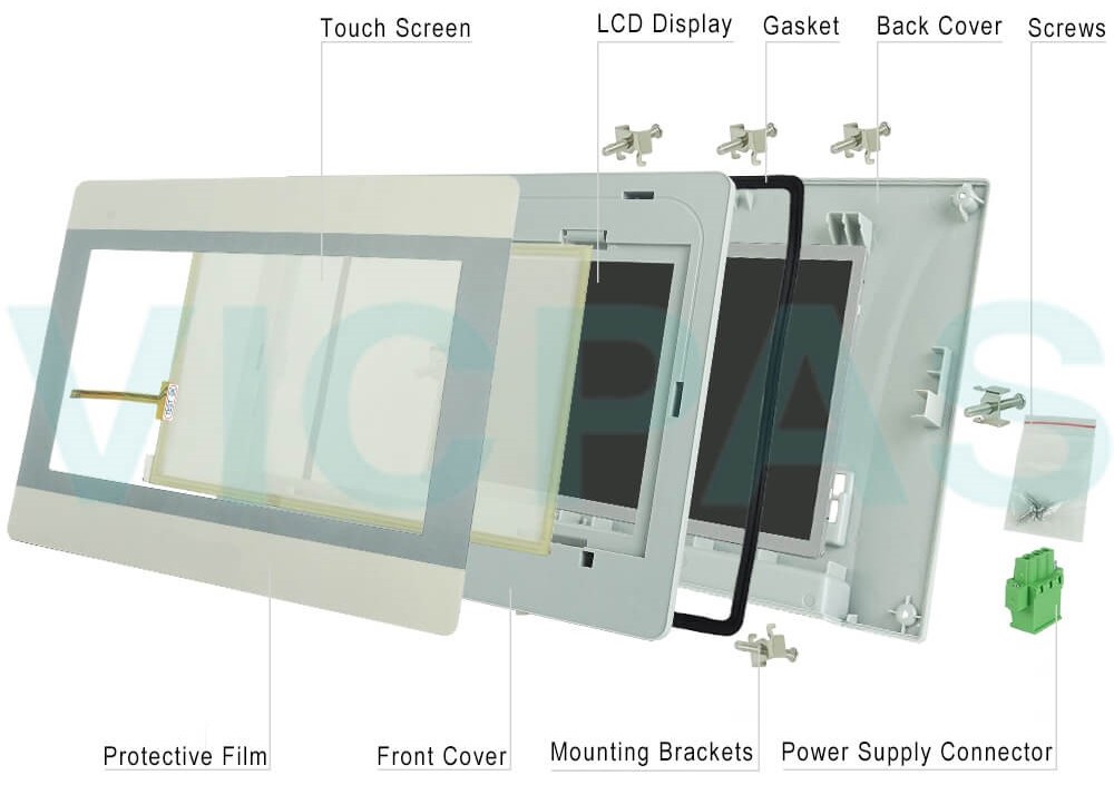 Weinview iE Series MT8102iEU Protective Film, Touch Screen, Front Cover, Gasket, LCD Panel, Back Cover, Mounting Brackets, Power Supply Connector and Screws Replacement