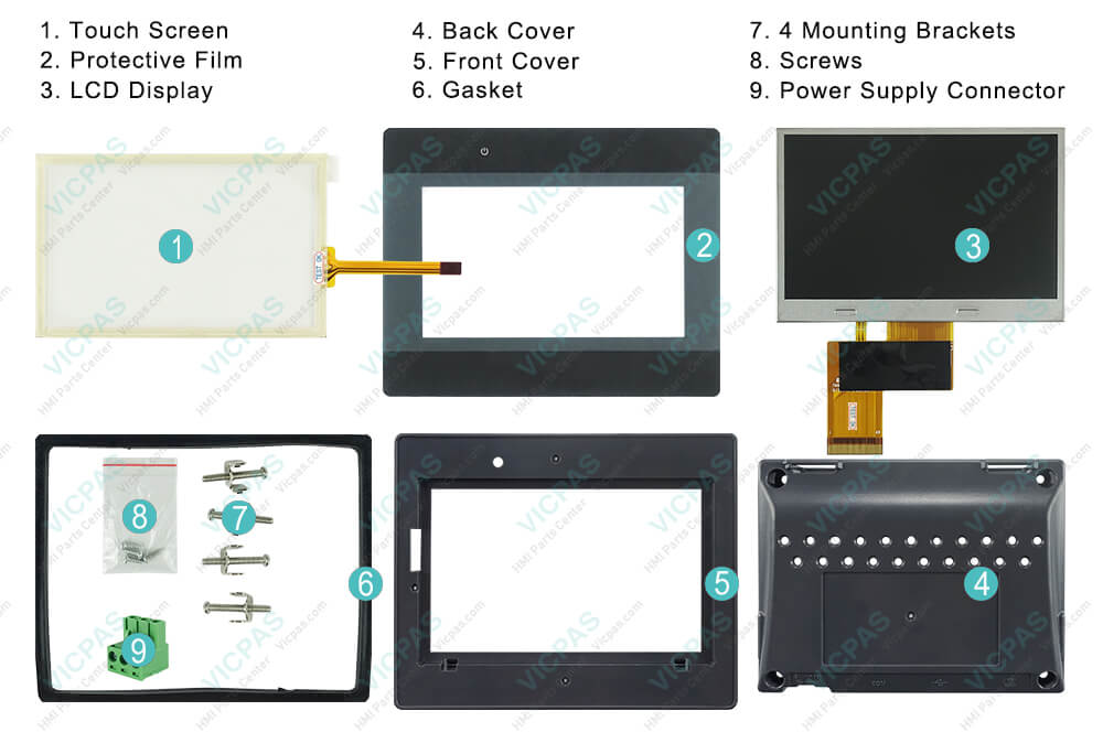 Weinview iP Series MT8052iP Touch Screen Film, Front Overlay, LCD Screen, HMI Enclosure, Gasket, Mounting Brackets, Screws and Power Supply Connector Repair