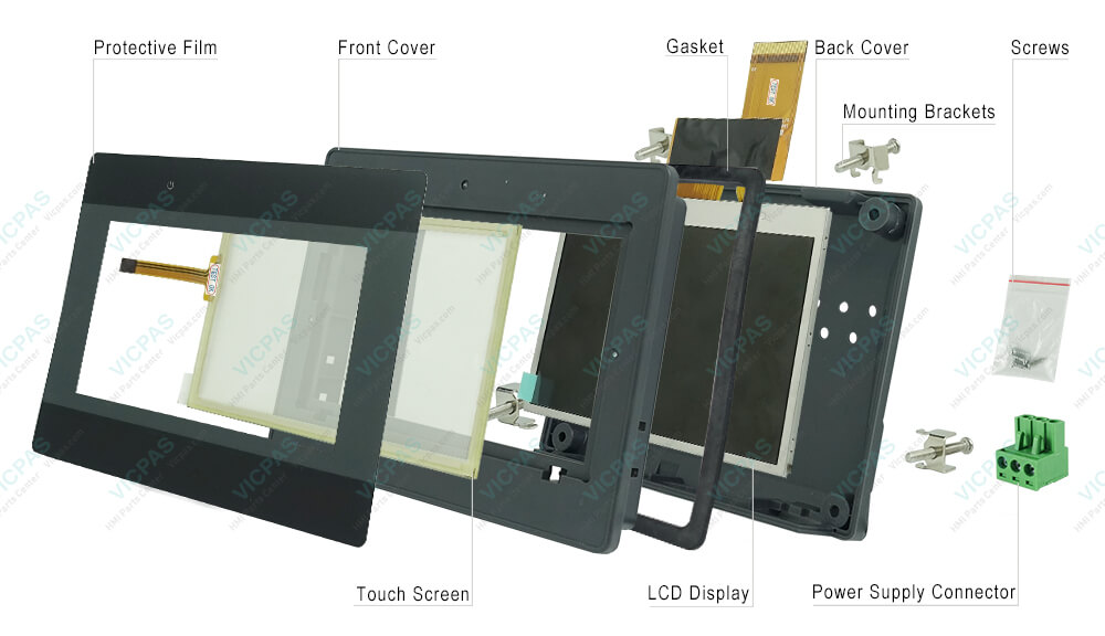 Weinview iP Series MT8051iP Front Overlay, MMI Panel Screen, Plastic Shell, Gasket, LCD Display Panel, Mounting Brackets, Power Supply Connector and Screws Repair