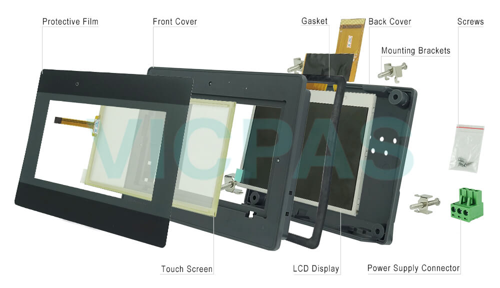 Weinview Basic HMIs HMI5040B Protective Film, Touch Screen, Front Cover, Gasket, LCD Panel, Back Cover, Mounting Brackets, Power Supply Connector and Screws Repair