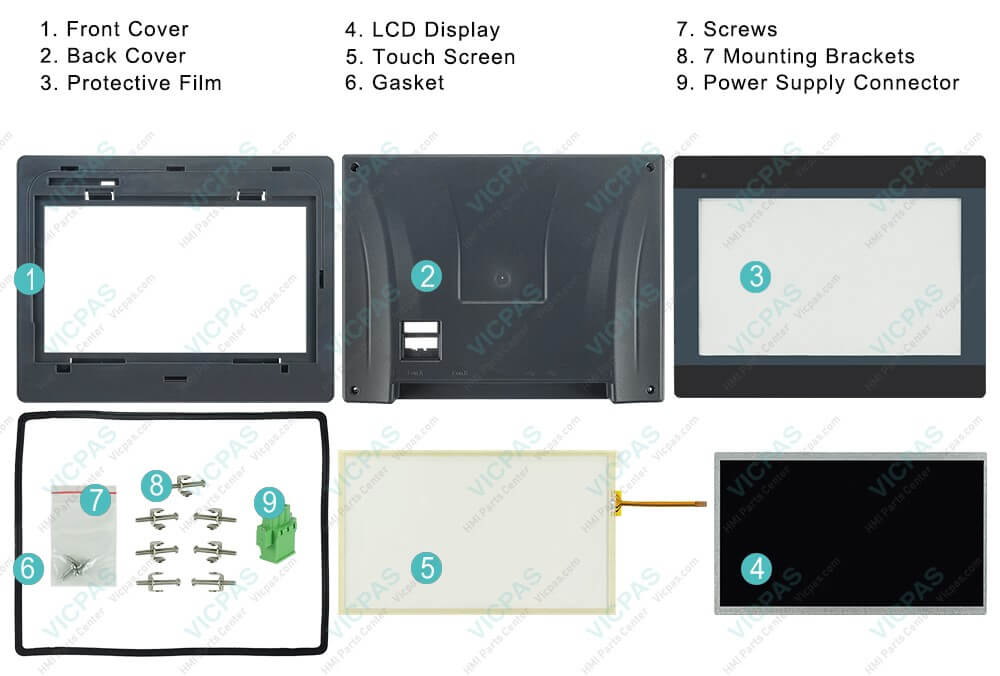 Weinview iE Series MT8102iQ Front Cover, Back Cover, Protective Film, LCD Display, Touch Screen, Gasket, Screws, Mounting Brackets and Power Supply Connector Replacement