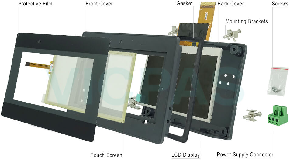 Weinview MT6000i Series MT6050iP Front Overlay, HMI Touch Glass, Case Cover, Gasket, LCD Display, Mounting Brackets, Power Supply Connector and Screws Replacement