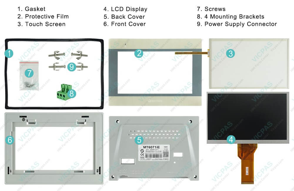 Weinview MT6000i Series MT6070iE MT6070iE1 MT6071iE Gasket, Front Overlay, Touch Digitizer Glass, LCD Screen, Housing, Screws, Mounting Brackets and Power Supply Connector Replacement