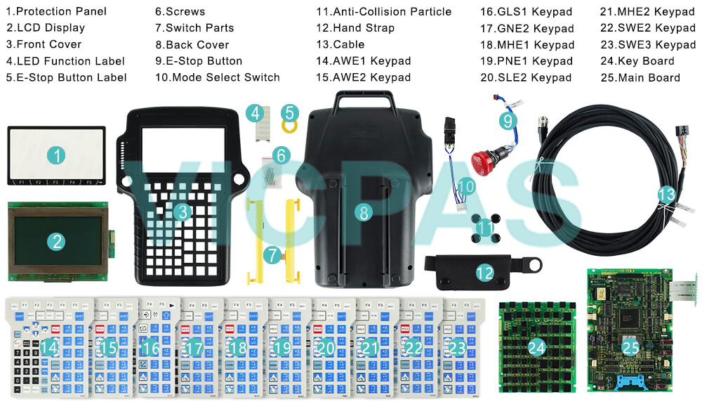 Buy Fanuc A05B-2518-H370#EMH hand strap, front case, main board, LED function label, PCB board, protection panel, LCD screen, anti-collision particle, E-stop button label, mode select switch, switch parts, membrane switch, touchscreen glass, emergency stop, back cover, screws, cable Teach Pendant replacement