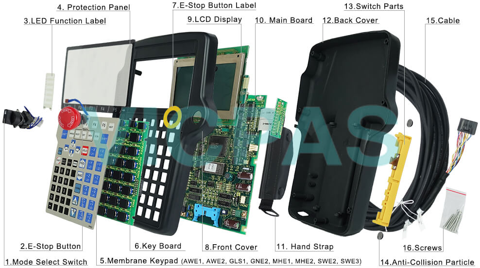 Buy Fanuc A05B-2518-C370#EAW PCB keyboard, emergency stop button, cable, membrane keypad, touch panel, protection panel, anti-collision particle, switch parts, mainboard, mode switch, E-stop button label, hand strap, screws, LCD display, LED function label, HMI case Teach Pendant replacement