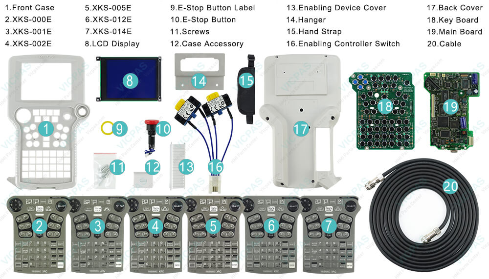 Motoman YASKAWA XKS-000J XRC JZNC-XPP02 JZNC-XPP02B Teach Pendant Parts, membrane keypad, LCD display, Plastic Enclosure, Cable, Case Accessories, E-Stop Button Label, Emergency Stop Switch, Enable Switch Cover, Enabling Controller Switch, Hand Strap, Hanger, Key Board, Mother Board, Screws repair replacement