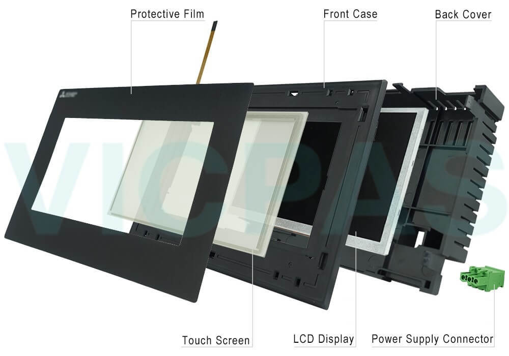 Mitsubishi GOT Simple series HMI GS2107-WTBD-N Touch Screen Monitor, Front overlay, LCD Display Panel, Outer Covering and Power Supply Connector Repair Kit