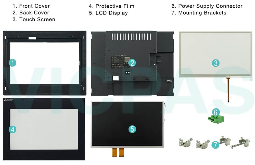 Mitsubishi GOT Simple series HMI GS2110-WTBD Front overlay, Touch Screen Tablet, LCD Display Screen, Outer Casing, Mounting Brackets and Power Supply Connector Repair Kit