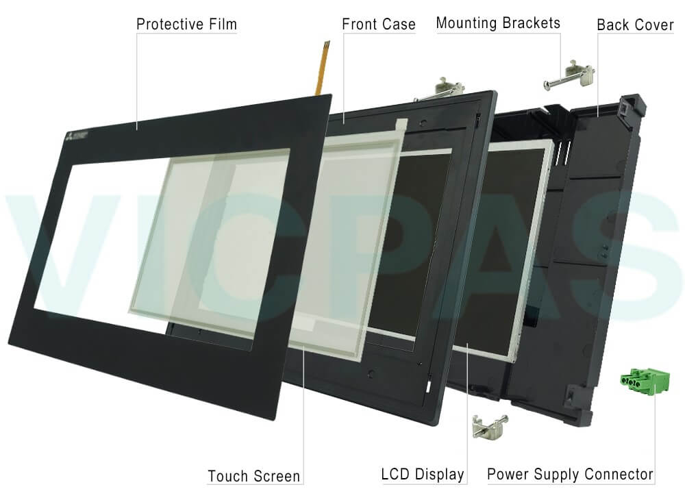 Mitsubishi GOT Simple series HMI GS2110-WTBD-N Front overlay, Touch Screen Tablet, LCD Display Panel, Housing, Mounting Brackets and Power Supply Connector Repair Kit