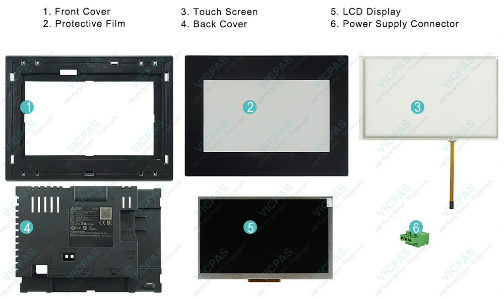 Mitsubishi GOT Simple series HMI GS2107-WTBD Touch Screen Monitor, Front overlay, LCD Display Panel, Housing and Power Supply Connector Repair Kit