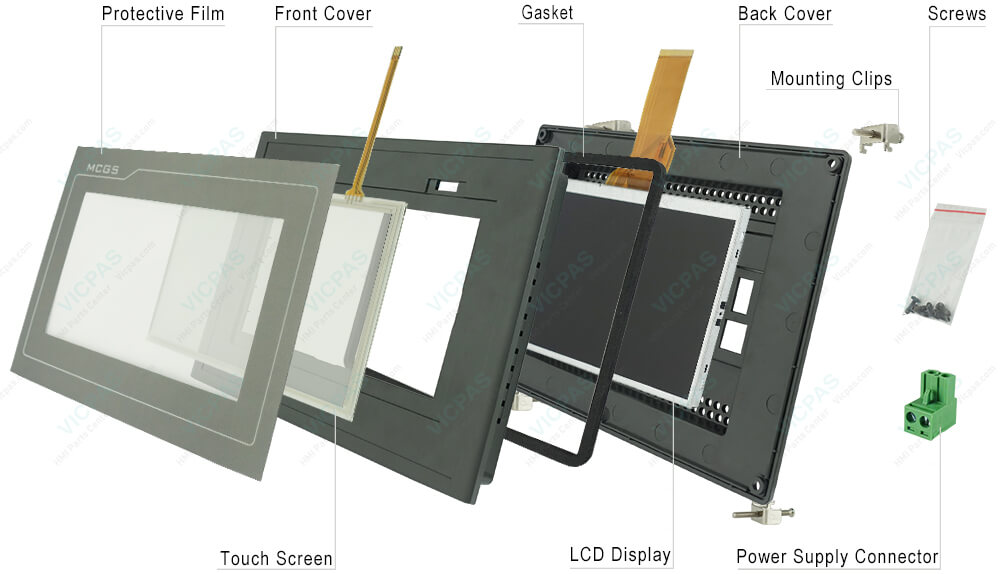 TPC7062KS Touch Screen Glass, Front Overlay, LCD Screen, Enclosure, Power Supply Connector, Gasket, Mounting Clips and Screws Replacement