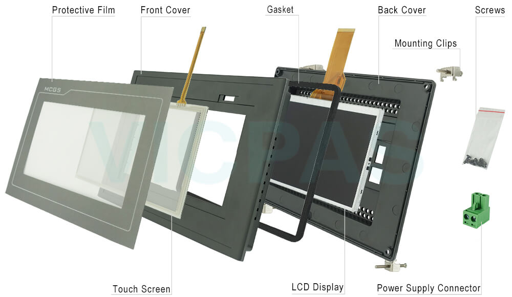 TPC7062K Touch Screen Monitor, Front Overlay, LCD Display Panel, Housing, Power Supply Connector, Gasket, Mounting Clips and Screws Replacement