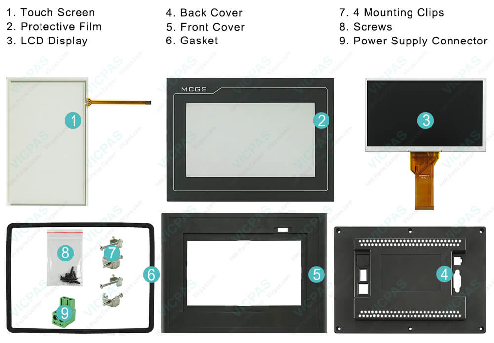 EPC7062 MMI Touch Screen, Protective Film, LCD Display Screen, Front Cover, Back Cover, Power Supply Connector, Screws, Gasket and Mounting Clips Replacement