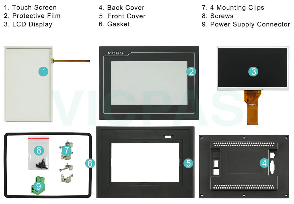 TPC7062 Touch Digitizer Glass, Front Overlay, LCD Screen, Plastic Cover Body, Power Supply Connector, Gasket, Mounting Clips and Screws Repair Replacement