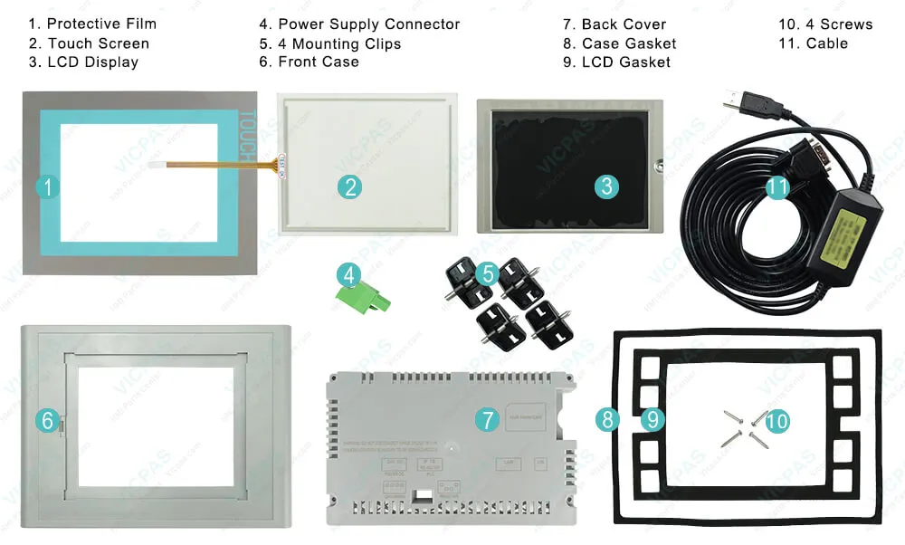 6AV6642-6EA10-0UH0 Siemens STARTERSET 613 HMI MP177 Touchscreen Panel Glass, Overlay, LCD Display Panel, Housing, Case Gasket, LCD Gasket, Mounting Clips, Power Supply Connector, Screws, Cable Repair Replacement