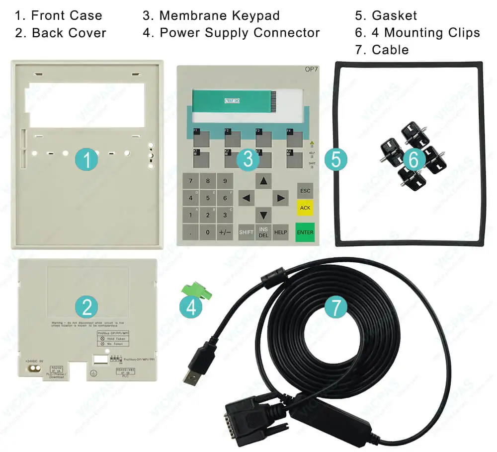 Siemens 6AV3607-5CA00-0AD0 OP7 DP12 Membrane Keyboard Keypad, Case Gasket, Mounting Clips, Power Supply Connector, Cable and Plastic Case Replacement